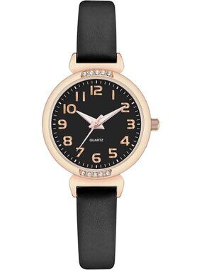Women's Black Analog Leather Strap Crystal Accented Silicone Sport Wrist Watch